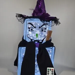0 - Two Tier Witch - Cool White Lights w/ Purple Witch Hat and Broom